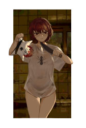 Rule 34 | 1girl, black panties, blush, border, boridongja, closed mouth, covered navel, hair between eyes, highres, holding, holding knife, holding stuffed toy, indoors, kitchen knife, knife, looking at viewer, messy hair, mole, mole under eye, original, panties, pointing weapon, red eyes, red hair, see-through, shirt, short hair, solo, stuffed toy, t-shirt, tile wall, tiles, underwear, white border, white shirt, window shadow