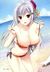 Rule 34 | 1girl, absurdres, animal, areola slip, beach, bikini, blush, breasts, cleavage, clothes pull, cloud, collarbone, copyright request, day, flower, footprints, hair flower, hair ornament, hibiscus, highres, large breasts, long hair, looking at viewer, navel, nipple slip, nipples, ocean, one-piece swimsuit pull, open mouth, outdoors, red bikini, red eyes, sand, shibayuki, side-tie bikini bottom, silver hair, sky, smile, solo, swimsuit, water, wet