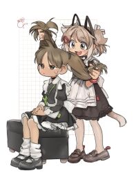 Rule 34 | 2girls, ahoge, animal ear hairband, animal ears, annoyed, apron, artist self-insert, back bow, bag, black choker, black dress, black footwear, bow, brown eyes, brown footwear, brown hair, brown nails, brown pantyhose, cat ear hairband, cat ears, cat tail, character request, choker, closed mouth, commentary, dot nose, dress, english commentary, fake animal ears, flat chest, frilled dress, frills, full body, girutea, grid background, hair bow, hair ornament, hairband, hairclip, highres, holding another&#039;s hair, juliet sleeves, loafers, long hair, long sleeves, looking at another, loose socks, maid, maid apron, medium dress, medium hair, multiple girls, nail polish, open mouth, original, pantyhose, parted bangs, petticoat, puffy sleeves, shoes, short sleeves, shoulder bag, signature, sitting, smile, socks, standing, sweatdrop, tail, tareme, teeth, twintails, two side up, upper teeth only, white background, white socks, white wrist cuffs, wrist cuffs, wristlet