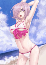 Rule 34 | 1girl, a-er (akkij0358), adapted costume, armpits, arms up, beach, bikini, black-framed eyewear, blue sky, blush, breasts, covered erect nipples, cowboy shot, day, fate/grand order, fate (series), glasses, hair over one eye, highres, light purple hair, looking at viewer, mash kyrielight, mash kyrielight (swimsuit of perpetual summer), medium breasts, navel, official alternate costume, outdoors, purple eyes, short hair, sky, solo, stomach, stretching, sweat, swimsuit, white bikini