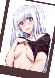 Rule 34 | 1girl, absurdres, aer (tengqiu), black shirt, blush, breasts, clothes lift, collarbone, essex (warship girls r), hair ornament, highres, lifted by self, long hair, looking at viewer, medium breasts, no bra, open mouth, red eyes, shirt, shirt lift, silver hair, solo, stomach, two side up, warship girls r, white background