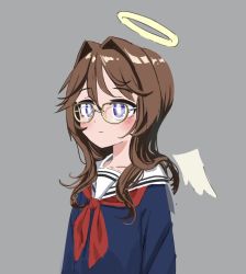 Rule 34 | 1girl, angel (nadegata), angel wings, bad id, bad twitter id, blue shirt, blush, brown hair, closed mouth, detached wings, feathered wings, gishiki (gshk), glasses, grey background, hair intakes, halo, highres, long hair, neckerchief, original, purple eyes, red neckerchief, sailor collar, shirt, simple background, smile, solo, upper body, white sailor collar, white wings, wings