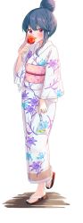 Rule 34 | 1girl, absurdres, bag, bagged fish, blue hair, blush, candy apple, eating, fish, floral print, food, full body, goldfish, hair bun, highres, holding, holding bag, japanese clothes, kimono, kinako mochi, long hair, looking at viewer, obi, obijime, print kimono, purple eyes, sandals, sash, shima rin, shippou (pattern), simple background, solo, white background, white kimono, wide sleeves, yukata, yurucamp, zouri