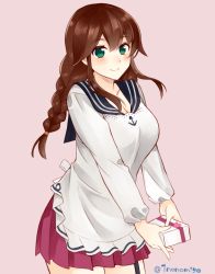 Rule 34 | 1girl, adapted costume, anchor print, apron, bad id, bad twitter id, blush, braid, breasts, brown hair, cleavage, collarbone, gift, green eyes, holding, holding gift, ichinomiya (blantte), kantai collection, large breasts, long sleeves, looking at viewer, noshiro (kancolle), own hands together, pink background, red skirt, sailor collar, sidelocks, simple background, skirt, smile, solo, twin braids, upper body, valentine