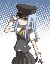 Rule 34 | 10s, 1girl, absurdres, adjusting clothes, adjusting headwear, black skirt, blue eyes, blue hair, cowboy shot, gloves, hat, hatsukaze (kancolle), highres, kantai collection, long hair, looking at viewer, matching hair/eyes, pleated skirt, school uniform, serious, shaded face, skirt, solo, upper body, utsushige, white gloves