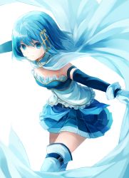 Rule 34 | 10s, 1girl, blue eyes, blue hair, cape, choke (amamarin), fortissimo, gloves, hair ornament, magical girl, mahou shoujo madoka magica, mahou shoujo madoka magica (anime), mahou shoujo madoka magica movie 1 &amp; 2, matching hair/eyes, miki sayaka, musical note, musical note hair ornament, outstretched arm, short hair, simple background, skirt, solo, thighhighs, white background
