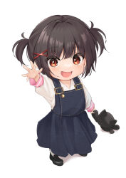 Rule 34 | 1girl, :d, aged down, black footwear, blue dress, blush, brown hair, child, commentary, denim dress, dragging, dress, excited, from above, full body, hair ornament, highres, holding, holding stuffed toy, kono subarashii sekai ni shukufuku wo!, long sleeves, looking at viewer, looking up, mary janes, megumin, open mouth, outstretched arm, outstretched hand, pinafore dress, reaching, reaching towards viewer, red eyes, shirt, shoes, short hair, short twintails, simple background, sleeveless, sleeveless dress, smile, socks, solo, spread fingers, stuffed animal, stuffed cat, stuffed toy, twintails, v-neck, wa ki ya ku, white background, white shirt, white socks, x hair ornament