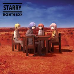Rule 34 | 4girls, absurdres, ahoge, album cover, album cover redraw, asymmetrical sidelocks, between legs, blonde hair, blue eyes, blue hair, blue sky, blunt ends, bocchi the rock!, boots, chair, cloud, collared shirt, cover, crossed bangs, derivative work, desert, dress, dress shoes, earth (planet), formal, gotoh hitori, grey suit, hair over one eye, hand between legs, highres, ijichi nijika, jumpsuit, kita ikuyo, long hair, looking ahead, looking at another, looking at viewer, looking back, medium hair, mole, mole under eye, multiple girls, muse (band), neonfloyd, off-shoulder dress, off shoulder, on chair, one side up, orange jumpsuit, outdoors, own hands together, pants, pink hair, planet, red eyes, red hair, shirt, shoes, short hair, side ponytail, sitting, sky, sleeves past wrists, sneakers, suit, table, white dress, white pants, yamada ryo, yellow eyes