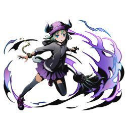 Rule 34 | 10s, 1girl, aqua hair, black jacket, black shirt, black thighhighs, bracelet, divine gate, full body, hat, horns, jacket, jewelry, kami juusha, kikyou (divine gate), kikyou (kami juusha), official art, open clothes, open jacket, outstretched arms, pleated skirt, purple hat, purple skirt, shirt, shoes, short hair, skirt, solo, tail, thighhighs, transparent background, ucmm, zettai ryouiki