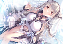 Rule 34 | 1girl, absurdly long hair, azur lane, black choker, black neckwear, black sailor collar, bow, dress bow, breasts, choker, clothing cutout, dress, dress bow, dress flower, feather dress, formidable (azur lane), formidable (timeless classics) (azur lane), from above, hair ornament, large breasts, long hair, looking at viewer, looking up, navel cutout, official alternate costume, platinum blonde hair, red eyes, sailor collar, shizuki aya, sleeveless, sleeveless dress, smile, solo, twintails, two-tone dress, two-tone ribbon, veil, very long hair, white dress