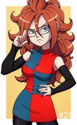 Rule 34 | 1girl, android 21, arm warmers, black-framed eyewear, black nails, blue eyes, brown hair, dragon ball, dragon ball fighterz, dress, earrings, female focus, glasses, hand on own hip, hoop earrings, jewelry, long hair, multicolored clothes, multicolored dress, nail polish, salute, solo