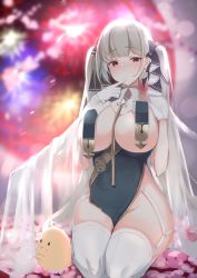 Rule 34 | 1girl, ahoge, azur lane, bare shoulders, between breasts, bird, blush, breast curtains, breasts, chick, china dress, chinese clothes, closed mouth, commentary request, cosplay, covered navel, dress, formidable (azur lane), garter straps, gloves, grey hair, groin, half gloves, hand to own mouth, highres, large breasts, long hair, looking at viewer, neckwear between breasts, nephthys2356, pelvic curtain, petals, revealing clothes, see-through, see-through sleeves, seiza, sidelocks, sirius (azur lane), sirius (azur lane) (cosplay), sirius (azure horizons) (azur lane), sitting, solo, thighhighs, twintails, two-tone dress, two-tone ribbon, very long hair, white gloves, white thighhighs