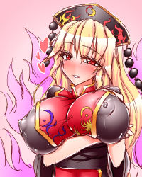 Rule 34 | 1girl, blonde hair, blush, breasts, chinese clothes, covered erect nipples, harumi (harumix), huge breasts, junko (touhou), long hair, long sleeves, mature female, red eyes, smile, solo, tabard, touhou