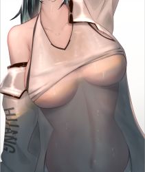 Rule 34 | 1girl, an penguin, arknights, black hair, blaze (arknights), breasts, character name, clothes lift, clothes writing, collarbone, crop top, head out of frame, jacket, large breasts, open clothes, open jacket, shirt, shirt lift, solo, stomach, sweat, underboob, upper body, wet, white jacket, white shirt