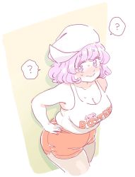Rule 34 | 1girl, ?, bare shoulders, blush, brand name imitation, breasts, cleavage, cowboy shot, female focus, from above, hand on own hip, hat, hooters, large breasts, letty whiterock, light purple hair, mitsumoto jouji, pale color, pantyhose, parody, pig, plump, purple eyes, short hair, short shorts, shorts, simple background, sketch, solo, spoken question mark, sweat, tank top, touhou, wavy mouth
