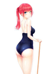 Rule 34 | 1girl, absurdres, ass, back, blue eyes, blush, breasts, broom, competition school swimsuit, cowboy shot, highres, looking at viewer, looking back, medium breasts, medium hair, one-piece swimsuit, original, ponytail, realman, red hair, school swimsuit, simple background, solo, swimsuit, thighs, white background