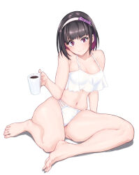 Rule 34 | 1girl, armpit crease, barefoot, bikini, black hair, bow, breasts, closed mouth, collarbone, colored inner hair, cup, dated, eyelashes, feet, full body, hairband, hand up, highres, holding, holding cup, hori shin, indie virtual youtuber, large breasts, legs, looking at viewer, medium hair, mole, mole under eye, mug, multicolored hair, navel, on ground, purple bow, purple eyes, purple hair, sakurako omal, shadow, sidelocks, signature, simple background, sitting, skindentation, smile, solo, swimsuit, thighs, toenails, toes, virtual youtuber, white background, white bikini, white hairband