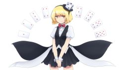 Rule 34 | androgynous, blonde hair, bow, bowtie, card, dice hair ornament, gender request, hair ornament, highres, juliet sleeves, len&#039;en, lenk64, long sleeves, necktie, playing card, puffy short sleeves, puffy sleeves, short hair, short sleeves, skirt, smile, thighhighs, vest, white legwear, xeno a, yellow eyes