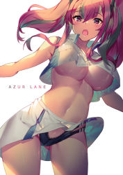 Rule 34 | 1girl, :o, armpits, azur lane, bare shoulders, black panties, breasts, bremerton (azur lane), bremerton (scorching-hot training) (azur lane), commentary, copyright name, cowboy shot, crop top, crop top overhang, gluteal fold, large breasts, long hair, looking at viewer, midriff, miniskirt, multicolored hair, navel, open mouth, panties, pantyshot, pink eyes, pink hair, pleated skirt, shirt, simple background, skirt, sleeveless, sleeveless shirt, solo, standing, stomach, thighs, twintails, two-tone hair, underboob, underwear, white background, white shirt, white skirt, wind, wind lift, yoshimoto (dear life)