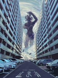 Rule 34 | arm up, building, car, eldritch abomination, highres, monster, monster girl, motor vehicle, no humans, open mouth, outdoors, parking lot, sheeeh!, teeth, tornado, toy(e), wind, yuugai choujuu