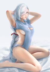 Rule 34 | 1girl, adjusting hair, alternate costume, arms behind head, bare back, bare legs, barefoot, bed sheet, braid, breasts, cleavage, cleavage cutout, clothing cutout, commentary, eyes visible through hair, genshin impact, grey eyes, grey hair, groin, hair over one eye, highres, large breasts, long hair, looking at viewer, low ponytail, meme attire, midriff, rair, ribbed sweater, shenhe (genshin impact), short sleeves, sidelocks, simple background, single braid, sitting, solo, sweater, thighs, virgin killer sweater, wariza