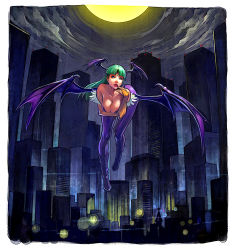 Rule 34 | 1girl, bare shoulders, bat wings, bent over, blue eyes, boots, breasts, capcom, city, cleavage, demon girl, elbow gloves, finger to mouth, fingerless gloves, flying, gloves, green hair, head wings, large breasts, leotard, lie-on, lips, long hair, moon, morrigan aensland, pantyhose, shuichi wada, solo, demon girl, vampire (game), wings