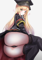 Rule 34 | 1girl, absurdres, ass, black footwear, black hat, black panties, blonde hair, blush, boots, closed mouth, girls&#039; frontline, green eyes, hat, heart, heart print, highres, long hair, looking at viewer, martinreaction, military, military hat, military uniform, panties, sitting, smile, solo, stg44 (girls&#039; frontline), thigh boots, thighhighs, thighs, underwear, uniform, white background