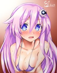 Rule 34 | 1girl, bare shoulders, bikini, blue eyes, blush, breasts, cleavage, commentary request, embarrassed, headgear, highres, kurozero, long hair, looking at viewer, medium breasts, neptune (series), open mouth, pink hair, purple bikini, purple sister, solo, swimsuit, symbol-shaped pupils, upper body, very long hair, wet