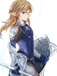Rule 34 | 1boy, armor, blonde hair, blue bodysuit, blue gloves, bodysuit, cowboy shot, earrings, from side, gloves, highres, holding, holding polearm, holding shield, holding weapon, jewelry, link, long hair, male focus, mochi (not not bread), nintendo, pointy ears, polearm, shield, shoulder armor, shoulder plates, simple background, solo, the legend of zelda, the legend of zelda: breath of the wild, weapon, white background