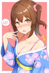 Rule 34 | @ @, blue kimono, blush, bra, breasts, brown hair, check commentary, cleavage, collarbone, commentary request, floral print, flying sweatdrops, hair between eyes, hair ornament, hairclip, hand up, highres, idolmaster, idolmaster million live!, idolmaster million live! theater days, japanese clothes, karua (karua23), kasuga mirai, kimono, lace, lace-trimmed bra, lace trim, long sleeves, looking at viewer, medium breasts, medium hair, notice lines, parted lips, pink background, pink bra, pink scrunchie, sash, scrunchie, side ponytail, sidelocks, spoken blush, sweat, underwear, upper body, yellow eyes, yellow sash, yukata