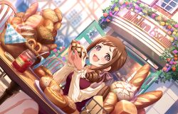 Rule 34 | 1girl, bread, brown hair, building, chair, drill hair, fang, food, game cg, idolmaster, idolmaster cinderella girls, idolmaster cinderella girls starlight stage, jam, jar, jewelry, necklace, official art, ohara michiru, open mouth, pink eyes, plate, pretzel, solo, spoon, star-shaped pupils, star (symbol), symbol-shaped pupils, table