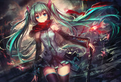 Rule 34 | 1girl, aqua eyes, detached sleeves, dutch angle, fish, green hair, hatsune miku, lm7 (op-center), long hair, necktie, red scarf, scarf, skirt, smile, solo, thighhighs, twintails, very long hair, vocaloid, zettai ryouiki