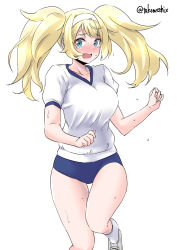Rule 34 | 1girl, blonde hair, blue buruma, blue eyes, blush, breasts, buruma, cowboy shot, gambier bay (kancolle), gym uniform, hairband, highres, kantai collection, large breasts, looking at viewer, nose blush, open mouth, shirt, shoes, simple background, sneakers, socks, solo, sweat, t-shirt, takomeshi, twintails, twitter username, white background, white footwear, white hairband, white shirt, white socks