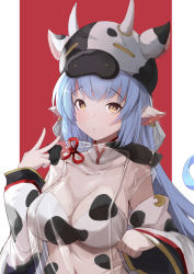 Rule 34 | 1girl, absurdres, animal ears, animal print, blue hair, breasts, catura (granblue fantasy), cleavage, closed mouth, cow ears, cow hood, cow horns, cow print, detached sleeves, draph, earrings, granblue fantasy, highres, horns, hzhc, jewelry, large breasts, long hair, looking at viewer, navel, red background, see-through, simple background, solo, two-tone background, upper body, v, white background, wide sleeves, yellow eyes