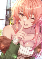 Rule 34 | 1girl, :d, bad id, bad pixiv id, bare shoulders, blonde hair, breasts, cleavage, collarbone, earrings, fang, finger to mouth, fur-trimmed jacket, fur trim, green jacket, hair between eyes, highres, hoop earrings, idolmaster, idolmaster cinderella girls, jacket, jewelry, jougasaki mika, koya (koya x 00), light blush, light particles, lipstick, long hair, makeup, medium breasts, nail polish, necklace, off-shoulder shirt, off shoulder, one eye closed, open clothes, open jacket, open mouth, pink hair, ribbed shirt, shirt, sidelocks, signature, smile, solo, upper body, white shirt