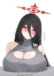 Rule 34 | 1girl, absurdres, amai-pai, artist name, black hair, blue archive, blush, breast rest, breasts, cleavage, cleavage cutout, clothing cutout, fanbox username, grey sweater, hair between eyes, halo, hasumi (blue archive), highres, huge breasts, long hair, long hair between eyes, looking at viewer, mole, mole under eye, nose blush, patreon username, red eyes, sleeveless, sleeveless sweater, solo, straight hair, sweater, very long hair
