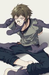 Rule 34 | 1boy, arms behind back, bad id, bad twitter id, barefoot, belt, glasses, green hair, idolish7, indian style, male focus, nikaido yamato, palru s2, pants, parted lips, sitting, solo focus