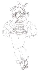 Rule 34 | 1girl, alternate costume, animal ears, bare arms, bird wings, blush, closed mouth, fingernails, flying sweatdrops, full body, greyscale, hand on own hip, hand up, hat, highres, long fingernails, looking at viewer, monochrome, monyomoke, mystia lorelei, one-piece swimsuit, sharp fingernails, shoes, short hair, simple background, solo, striped clothes, striped one-piece swimsuit, sweat, swimsuit, thigh gap, touhou, white background, wide hips, wings