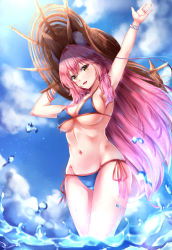 Rule 34 | 1girl, :d, animal ears, armpits, arms up, bikini, blue bikini, blue sky, blush, bracelet, breasts, brown eyes, chahei, cleavage, cloud, collarbone, commentary request, covered erect nipples, day, fang, fate/grand order, fate (series), fox ears, groin, hair between eyes, hand on headwear, hat, head tilt, highres, jewelry, large breasts, long hair, looking at viewer, navel, ocean, open mouth, outdoors, outstretched arm, pink hair, side-tie bikini bottom, sky, smile, solo, sparkle, straw hat, swimsuit, tamamo (fate), tamamo no mae (fate/extra), tamamo no mae (swimsuit lancer) (fate), very long hair, wading, water