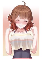 Rule 34 | 1girl, ^ ^, ahoge, black tank top, blush, brown hair, chi xiao, clenched hands, closed eyes, collarbone, commentary request, cropped shirt, gakuen idolmaster, gradient background, grin, hair bun, hanami ume, highres, idolmaster, orange hair, outline, shirt, single side bun, smile, solo, striped clothes, striped shirt, tank top, upper body, white outline