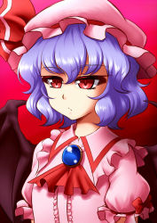 Rule 34 | 1girl, bat wings, blue hair, expressionless, hat, mazume, red eyes, remilia scarlet, short hair, solo, touhou, upper body, wings