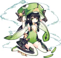 Rule 34 | 1girl, ao jun, ark order, bell, black bow, black hair, black thighhighs, bow, bridal legwear, cucumber, flat chest, green eyes, green footwear, green hat, green leotard, hat, hat bell, hat bow, holding, holding clothes, holding hat, jingle bell, kappa (ark order), leotard, long hair, looking at viewer, neck bell, official art, open mouth, pointy ears, sandals, sidelocks, sitting, solo, tachi-e, thighhighs, toeless footwear, transparent background, two-tone legwear, wariza, water, wavy mouth, white thighhighs, wide sleeves