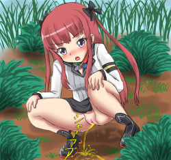 Rule 34 | 1girl, arca (summon night), armband, black footwear, black neckwear, black skirt, blue neckwear, blush, boots, bow, bowtie, breasts, censored, cloud, grass, green neckwear, grey eyes, hair bow, hands on own knees, long hair, long sleeves, looking down, medium breasts, no panties, open mouth, peeing, puddle, purple neckwear, pussy, red hair, red neckwear, school uniform, shirt, skirt, sky, squatting, summon night, summon night 5, twintails, umi (pixiv 998325), white shirt