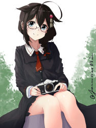Rule 34 | 1girl, absurdres, ahoge, bespectacled, blue eyes, braid, brown hair, camera, collared shirt, day, forest, glasses, hair flaps, hair ornament, hair over shoulder, highres, holding, holding camera, jacket, kantai collection, long hair, long sleeves, looking at viewer, nature, necktie, official alternate costume, outdoors, red necktie, shigure (kancolle), shirt, sitting, skirt, smile, solo, tree, twitter username, yamamori oyatsu