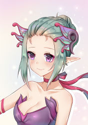 Rule 34 | 1girl, absurdres, arm ribbon, bare shoulders, blue background, blush, breasts, choker, cleavage, collarbone, dress, eyeshadow, gradient background, green hair, hair bun, hair ornament, hair up, highres, light particles, light smile, looking at viewer, makeup, mercy (overwatch), no wings, outline, overwatch, overwatch 1, pink background, pointy ears, purple background, purple dress, purple eyes, purple ribbon, ribbon, ribbon choker, single hair bun, sleeveless, sleeveless dress, small breasts, solo, sugar plum fairy mercy, upper body, white background, yizhi jiandan
