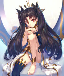 Rule 34 | 1girl, anklet, bad id, bad pixiv id, bare shoulders, barefoot, black hair, convenient leg, earrings, fate/grand order, fate (series), feet, highres, ishtar (fate), ishtar (fate), jewelry, kaina (tsubasakuronikuru), long hair, looking at viewer, red eyes, single thighhigh, smile, solo, thighhighs, toes, tohsaka rin, two side up