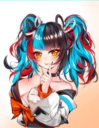 Rule 34 | 1girl, :p, absurdres, alternate breast size, baocaizi, bare shoulders, black choker, black hair, black nails, black sailor collar, black shirt, blue hair, blush, bow, breasts, brown background, brown eyes, choker, chromatic aberration, cleavage, closed mouth, collarbone, fate/grand order, fate (series), fingernails, gradient background, hair bow, hair ornament, hairclip, hand up, highres, index finger raised, jacket, large breasts, long fingernails, long sleeves, looking at viewer, md5 mismatch, multicolored hair, nail polish, obi, off shoulder, open clothes, open jacket, puffy long sleeves, puffy sleeves, red bow, red hair, resolution mismatch, sailor collar, sash, sei shounagon (fate), shirt, smile, solo, source smaller, tongue, tongue out, twintails, two-tone hair, upper body, v-shaped eyebrows, white background, white bow, white jacket, yellow eyes
