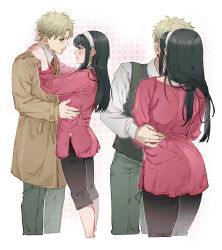 Rule 34 | 1boy, 1girl, black hair, black pants, blazer, blonde hair, blouse, blush, brown jacket, closed mouth, collared shirt, commentary, eye contact, green eyes, green pants, green vest, hairband, height difference, hetero, highres, jacket, kiss, long hair, long sleeves, looking at another, necktie, pants, profile, pudelmudel, red eyes, red necktie, red shirt, shirt, short hair, smile, spy x family, twilight (spy x family), vest, white hairband, white shirt, yor briar