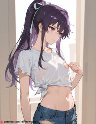 (purple_eyes:1.1) belth character_sheet denim flat_chest hair_ribbon kanzaki_kaori long_hair midriff navel nipple_pull nipple_stimulation pants ponytail purple_hair pussy pussy_juice ribbon shirt short short_sleeves teasing_smile tied_shirt toned torn_clothes white_shirt