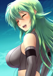 Rule 34 | 1girl, :d, ^ ^, bare shoulders, black gloves, blush, breasts, closed eyes, crying, elbow gloves, from side, gloves, green hair, jogie (artist), large breasts, lips, long hair, open mouth, original, smile, solo, striped, tears, teeth, upper body, vertical stripes